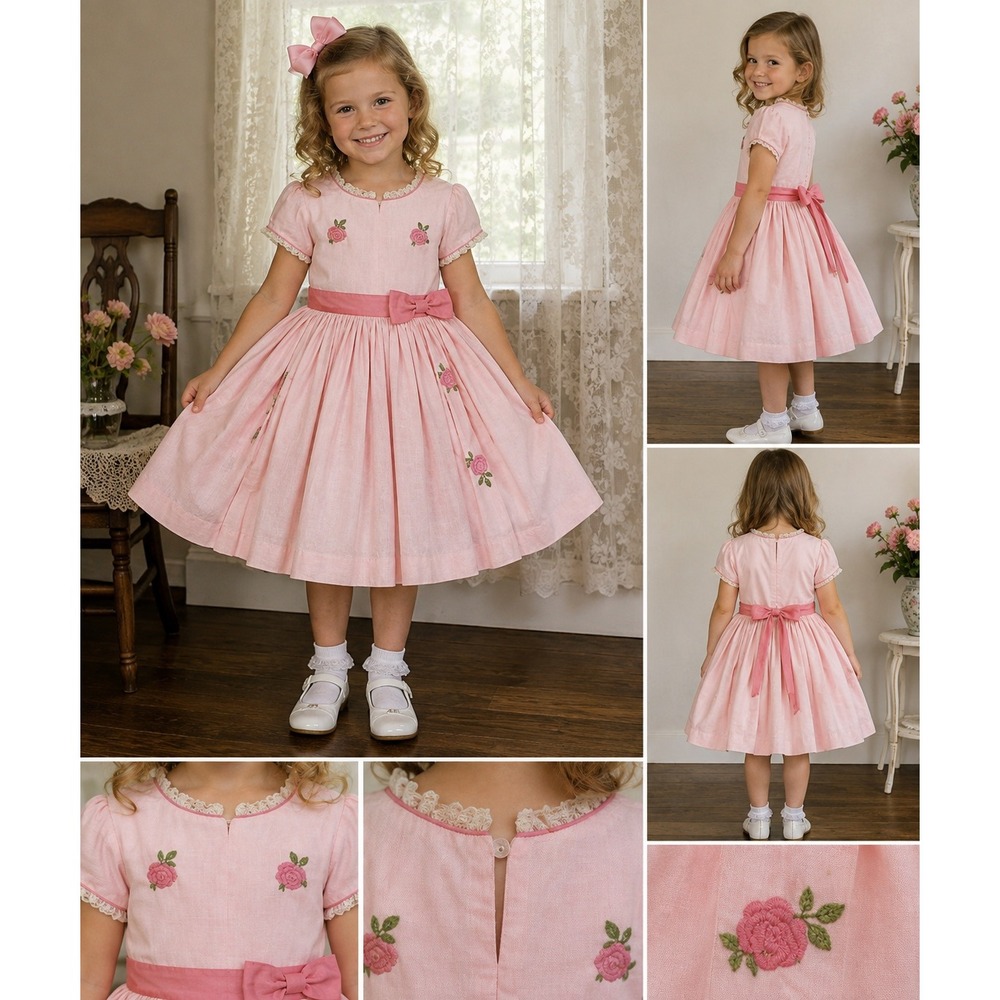Vintage Handmade Girls Pink Embroidered Rose Dress 50s 60s Party Full Skirt 24L